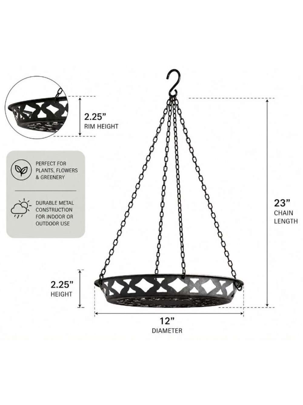 Black Metal Hanging Planter Basket 12 Rustic Farmhouse Boho Indoor Outdoor - Picture 2 of 8